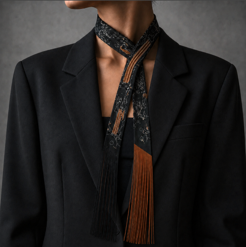 Printed scarf tied around the neck